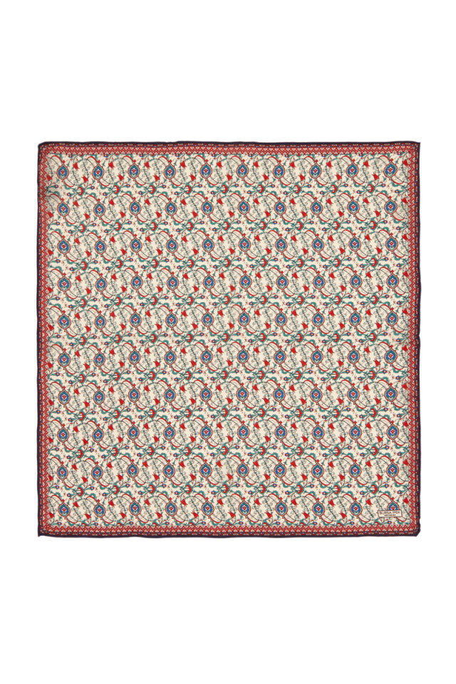 Ecru Navy Blue Ivy Tulip Pattern Silk Pocket Square 