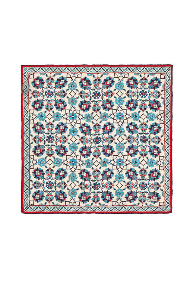 Ecru Navy Blue Motif Pattern Silk Pocket Square 