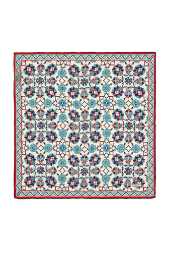 Ecru Navy Blue Motif Pattern Silk Pocket Square 