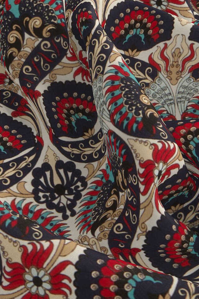 Ecru Navy Blue Peacock Pattern Silk Pocket Square - 3