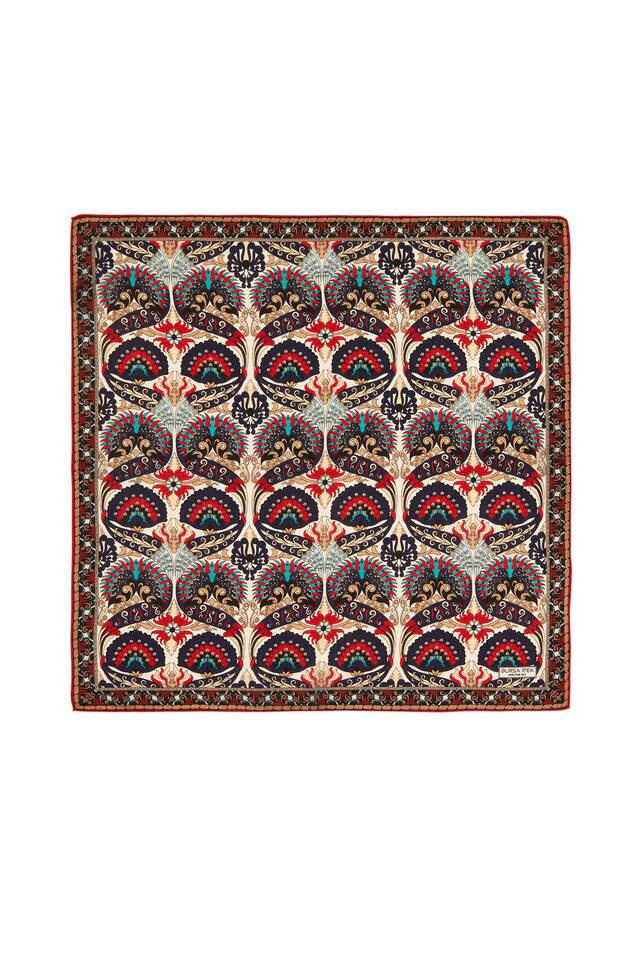 Ecru Navy Blue Peacock Pattern Silk Pocket Square - Bursa İpek