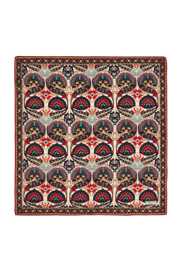 Ecru Navy Blue Peacock Pattern Silk Pocket Square - Bursa İpek