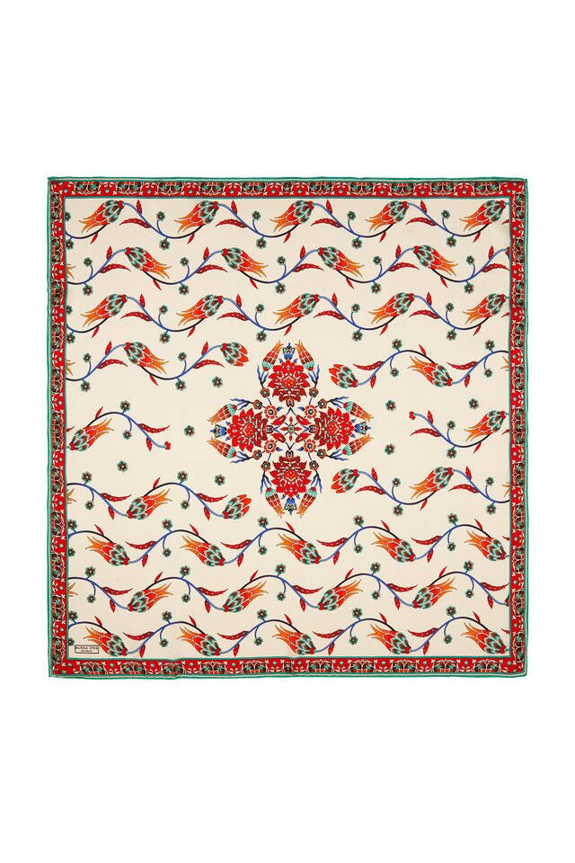 Ecru Oil Sequin Tulip Pattern Silk Square Scarf - 1