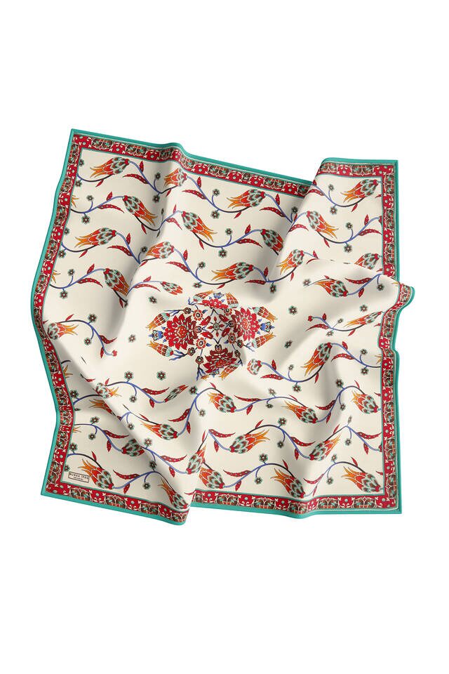 Ecru Oil Sequin Tulip Pattern Silk Square Scarf - 3