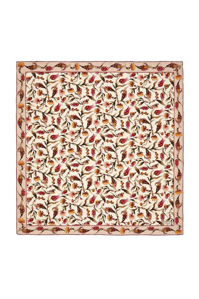 Ecru Powder Carnation Tulip Pattern Silk Square Scarf 