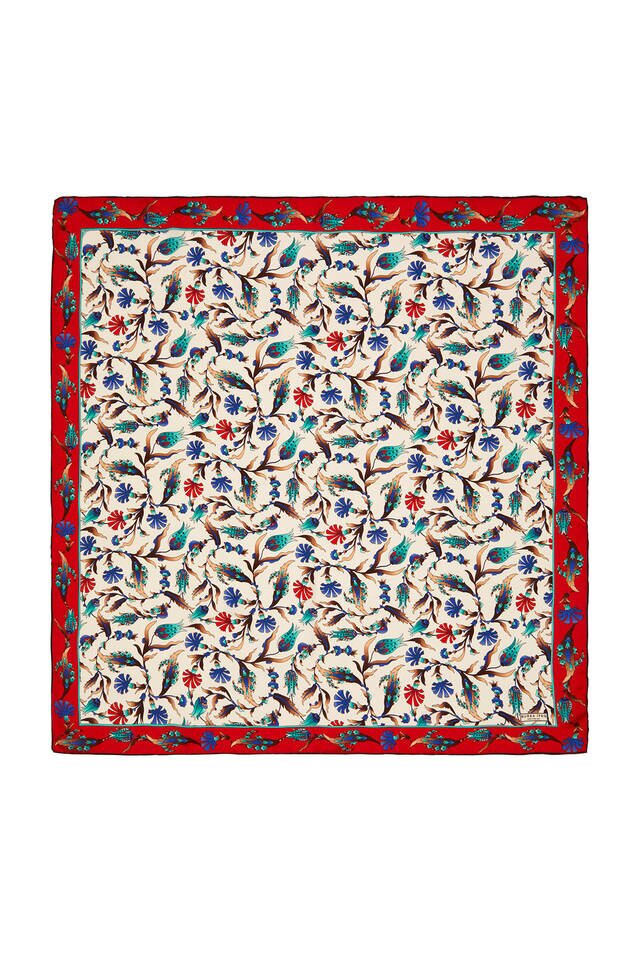 Ecru Red Carnation Tulip Pattern Silk Square Scarf 