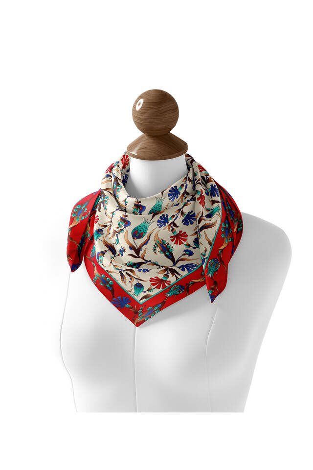 Ecru Red Carnation Tulip Pattern Silk Square Scarf - 2