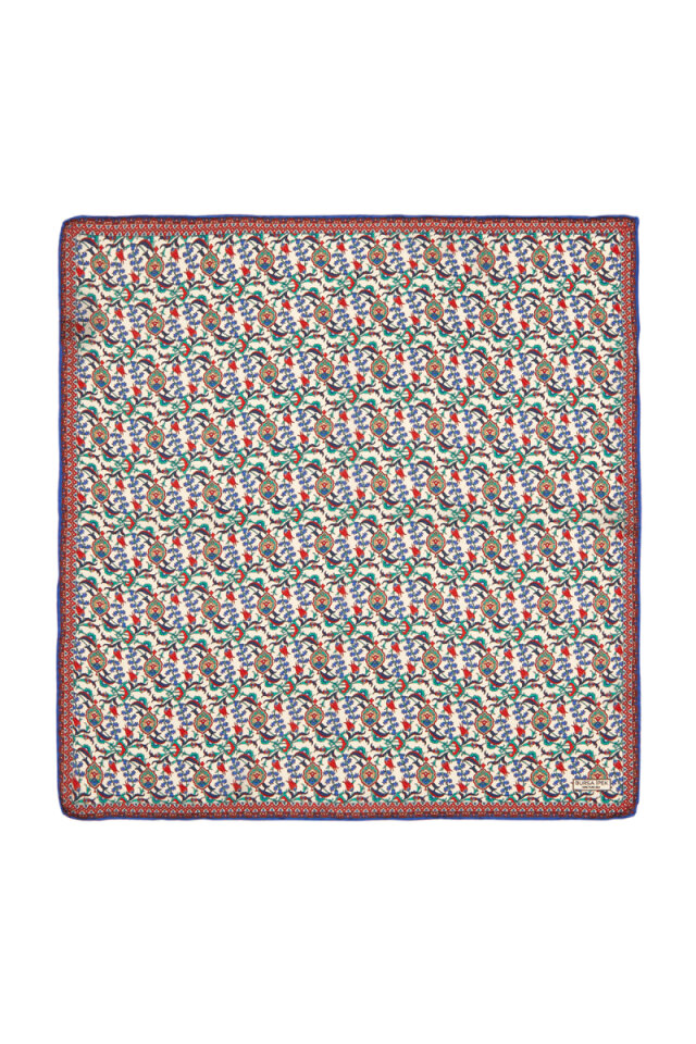 Ecru Red Ivy Tulip Pattern Silk Pocket Square - Bursa İpek
