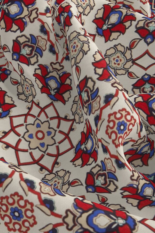 Ecru Red Motif Pattern Silk Pocket Square - 3
