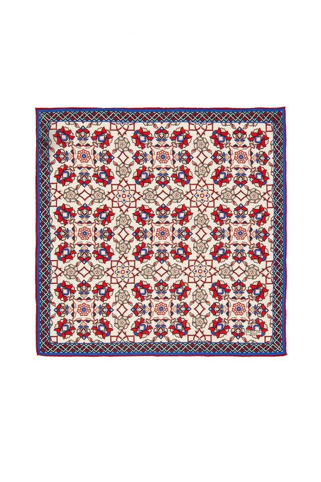 Ecru Red Motif Pattern Silk Pocket Square - Bursa İpek