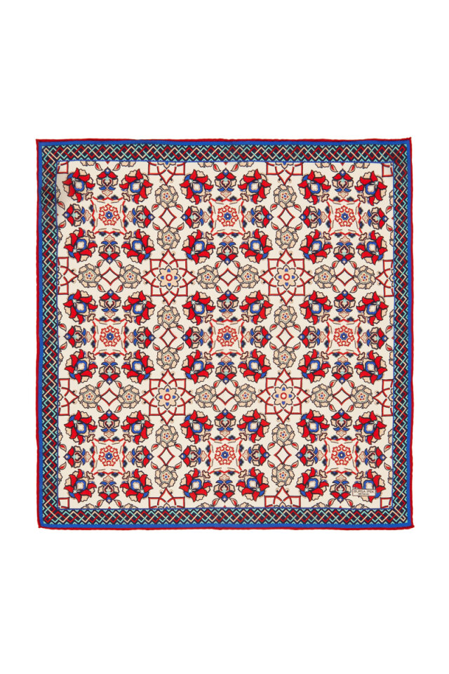 Ecru Red Motif Pattern Silk Pocket Square - Bursa İpek