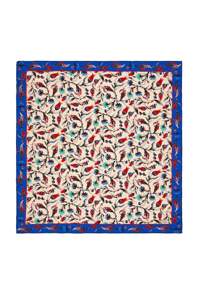 Ecru Saks Carnation Tulip Pattern Silk Square Scarf 