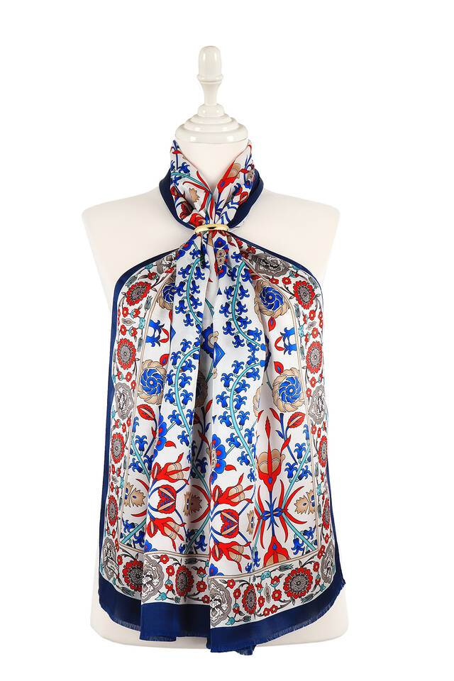 Ecru Selçuk Pattern Narrow Silk Foulard 