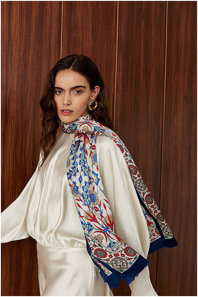 Ecru Selçuk Pattern Narrow Silk Foulard - Bursa İpek