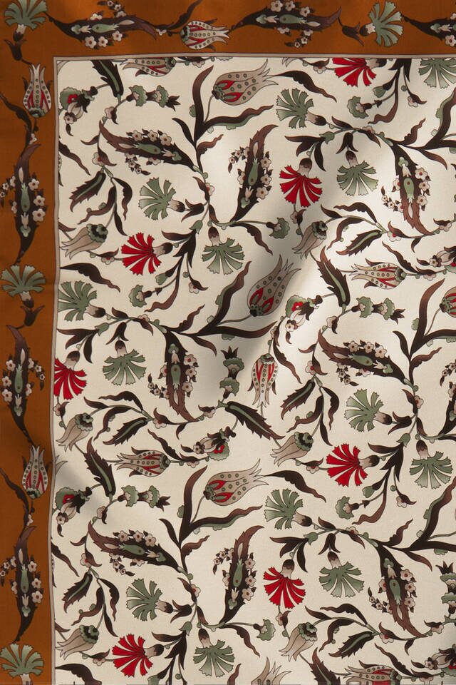Ecru Taba Carnation Tulip Pattern Silk Square Scarf - 4