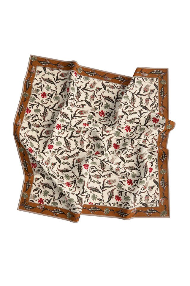 Ecru Taba Carnation Tulip Pattern Silk Square Scarf - 3