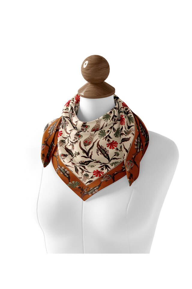 Ecru Taba Carnation Tulip Pattern Silk Square Scarf - 2