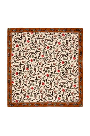 Ecru Taba Carnation Tulip Pattern Silk Square Scarf 
