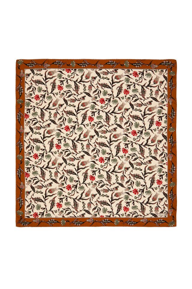 Ecru Taba Carnation Tulip Pattern Silk Square Scarf 