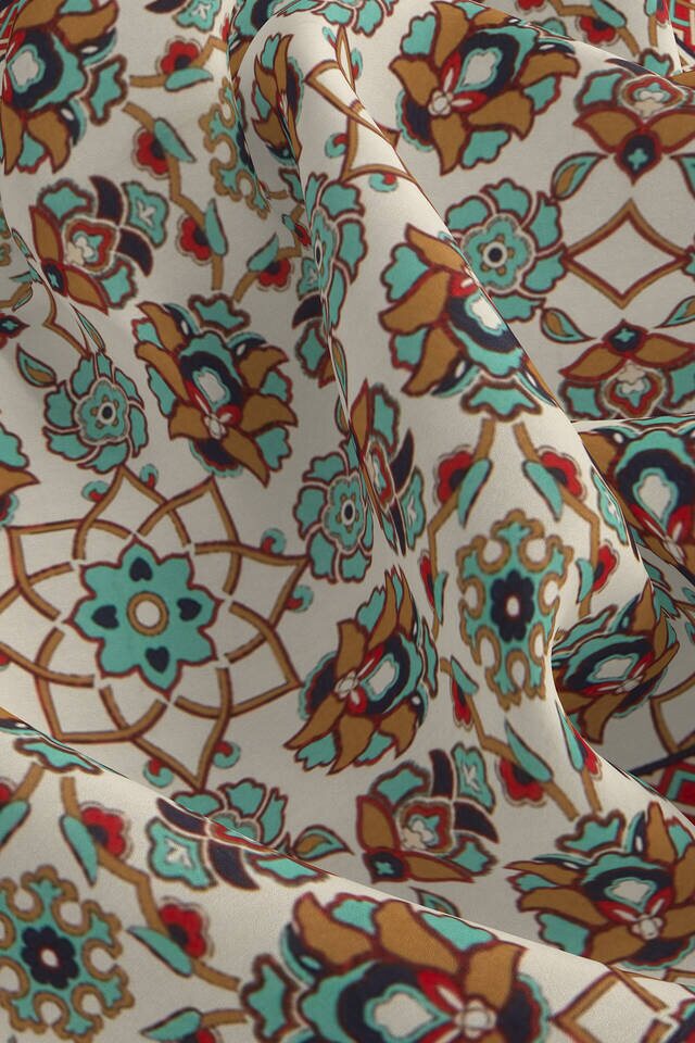 Ecru Taba Motif Pattern Silk Pocket Square - 3