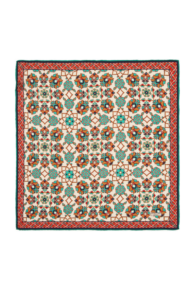 Ecru Taba Motif Pattern Silk Pocket Square - Bursa İpek