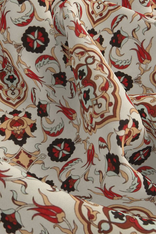 Ecru Taba Tile Tulip Pattern Silk Pocket Square - 3