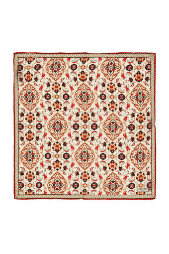 Ecru Taba Tile Tulip Pattern Silk Pocket Square 