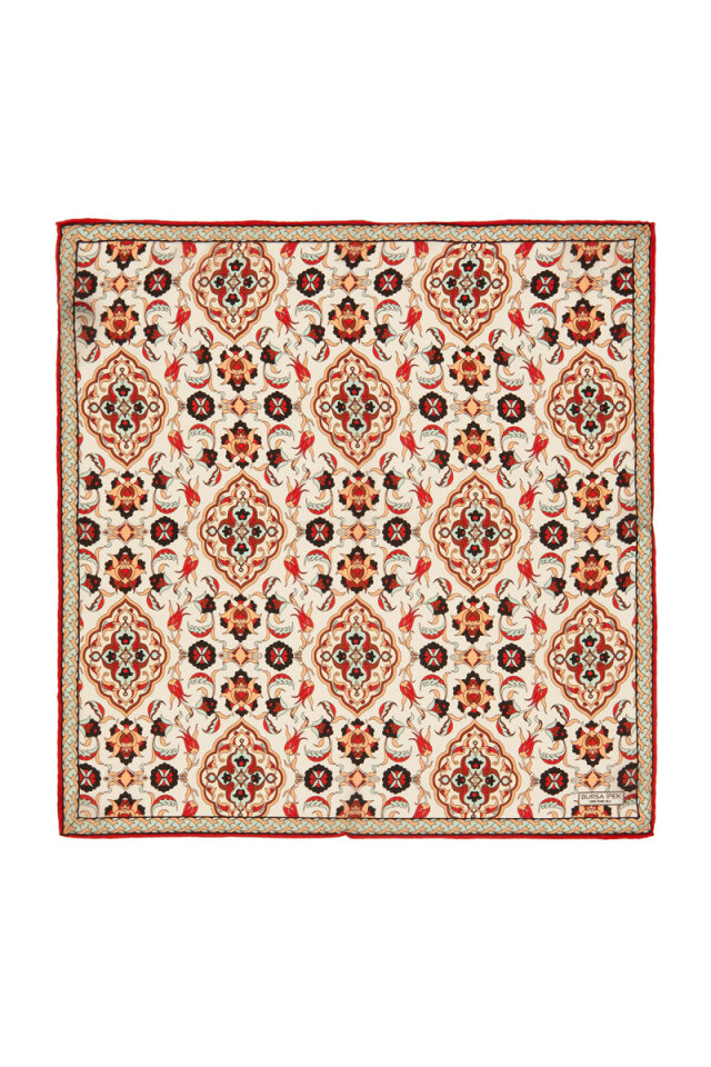 Ecru Taba Tile Tulip Pattern Silk Pocket Square 