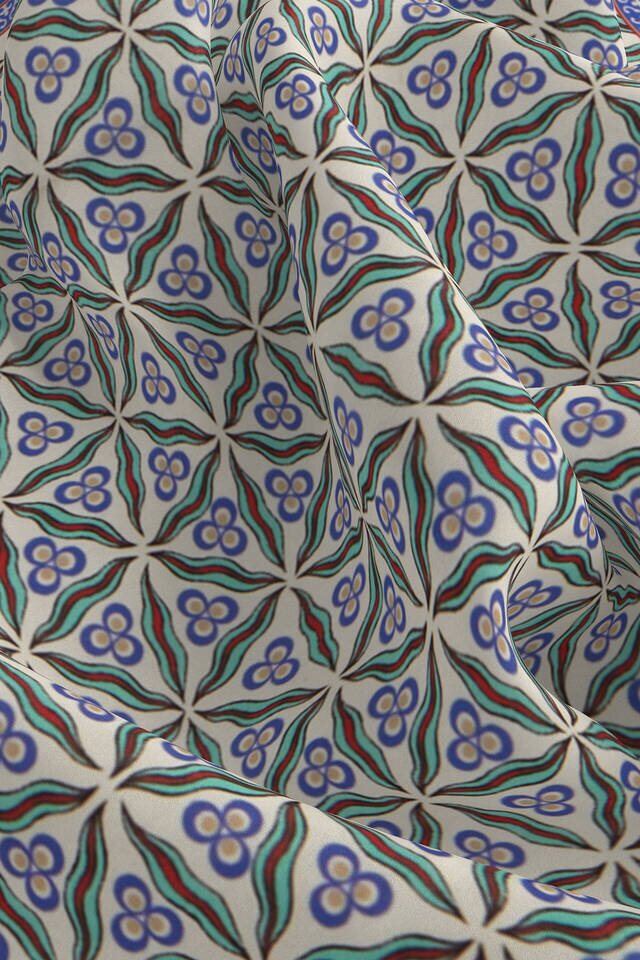 Ecru Turquoise Çintemani Pattern Silk Pocket Square - 3