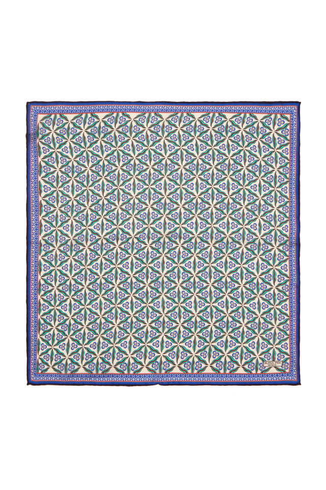 Ecru Turquoise Çintemani Pattern Silk Pocket Square 