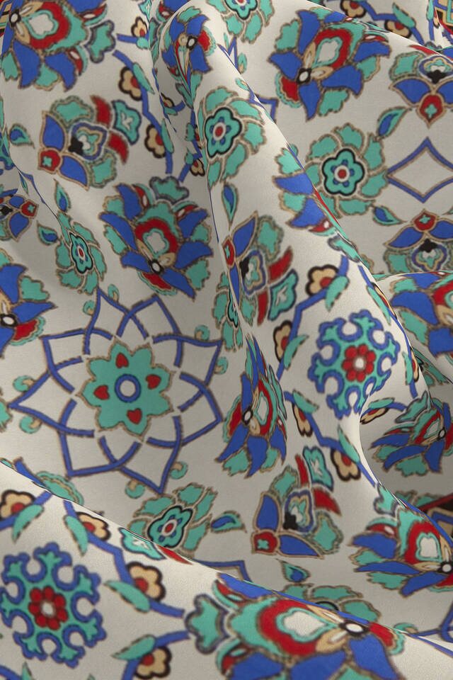 Ecru Turquoise Motif Pattern Silk Pocket Square - 3