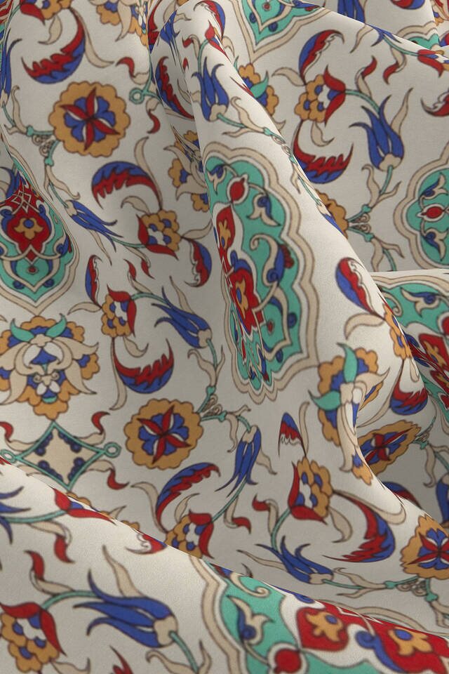 Ecru Turquoise Tile Tulip Pattern Silk Pocket Square - 3