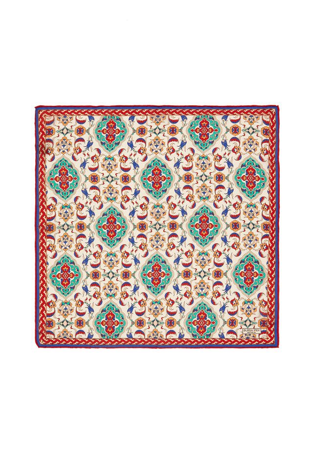 Ecru Turquoise Tile Tulip Pattern Silk Pocket Square 