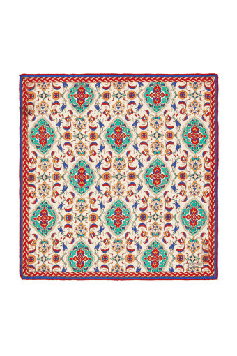 Ecru Turquoise Tile Tulip Pattern Silk Pocket Square 