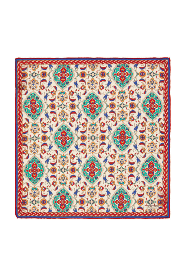 Ecru Turquoise Tile Tulip Pattern Silk Pocket Square 