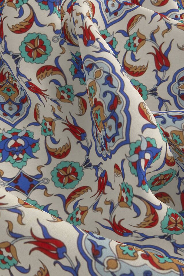 Ekru Gold Çini Lale Desen İpek Mendil - 3