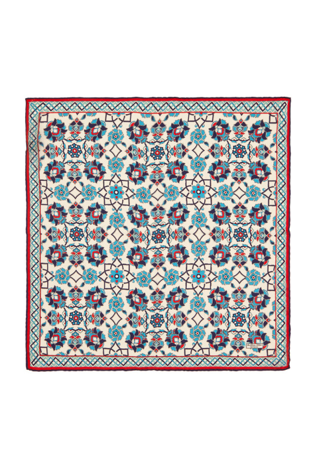 Ekru Lacivert Motif Desen İpek Mendil - Bursa İpek