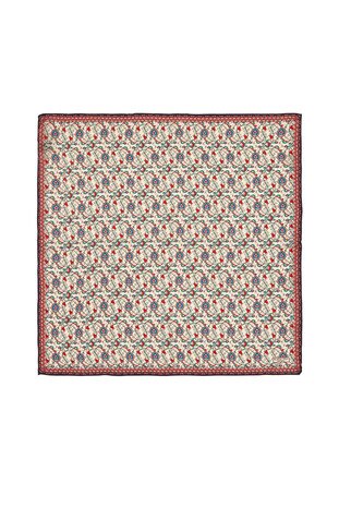 Ekru Lacivert Sarmaşık Lale Desen İpek Mendil 