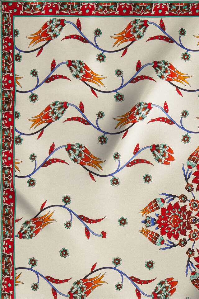 Ekru Petrol Sıra Lale Desen İpek Eşarp - 4