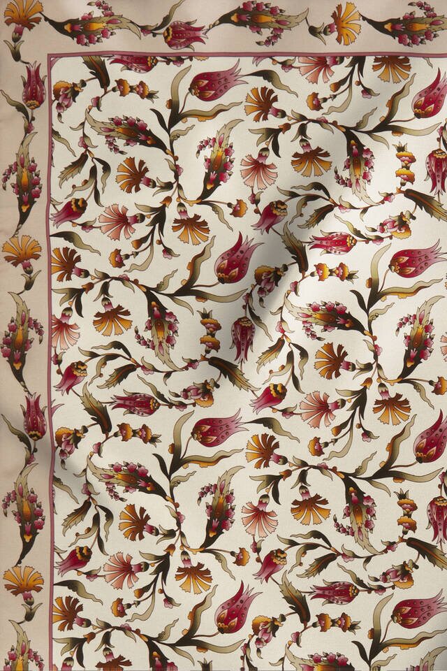 Ekru Pudra Karanfil Lale Desen İpek Eşarp - 4