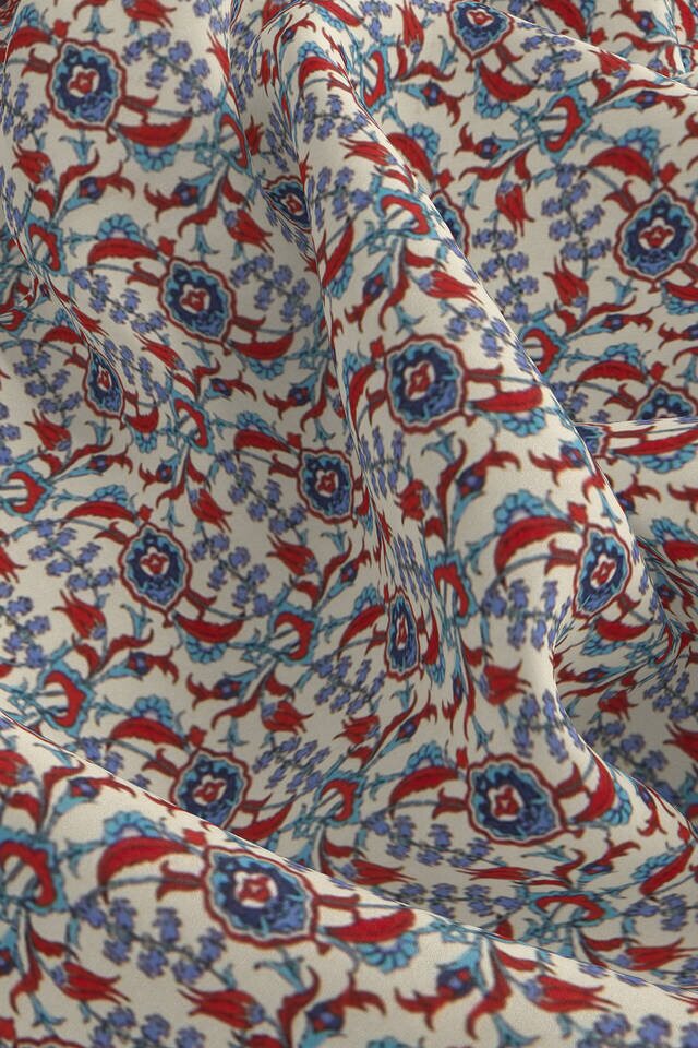 Ekru Saks Sarmaşık Lale Desen İpek Mendil - 3