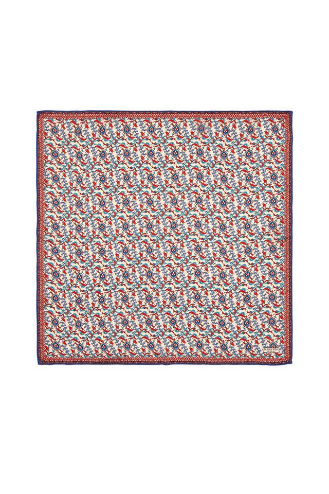 Ekru Saks Sarmaşık Lale Desen İpek Mendil 