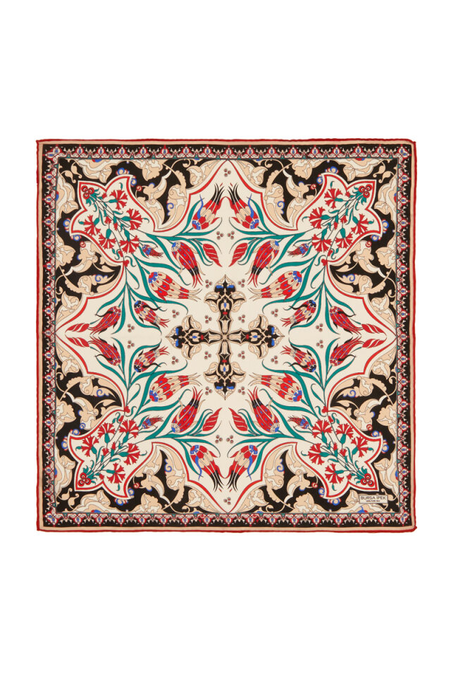 Ekru Siyah Karanfil Lale Desen İpek Mendil 
