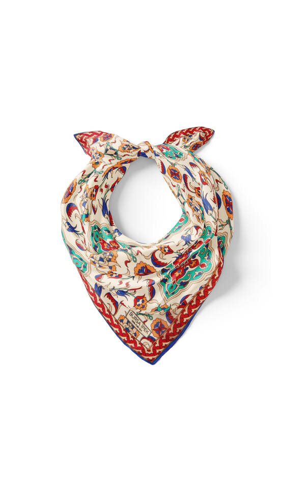 Ekru Turkuaz Çini Lale Desen İpek Mendil - 2