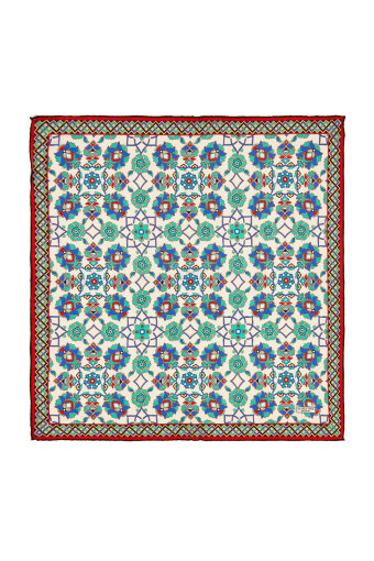 Ekru Turkuaz Motif Desen İpek Mendil 