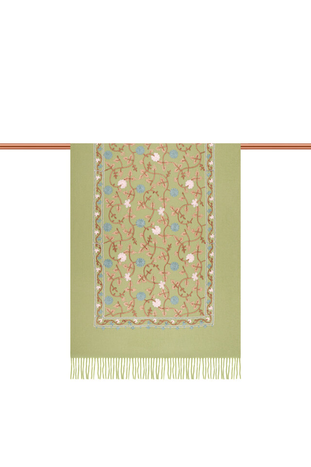 Light Green Embroidered Winter Shawl - 3