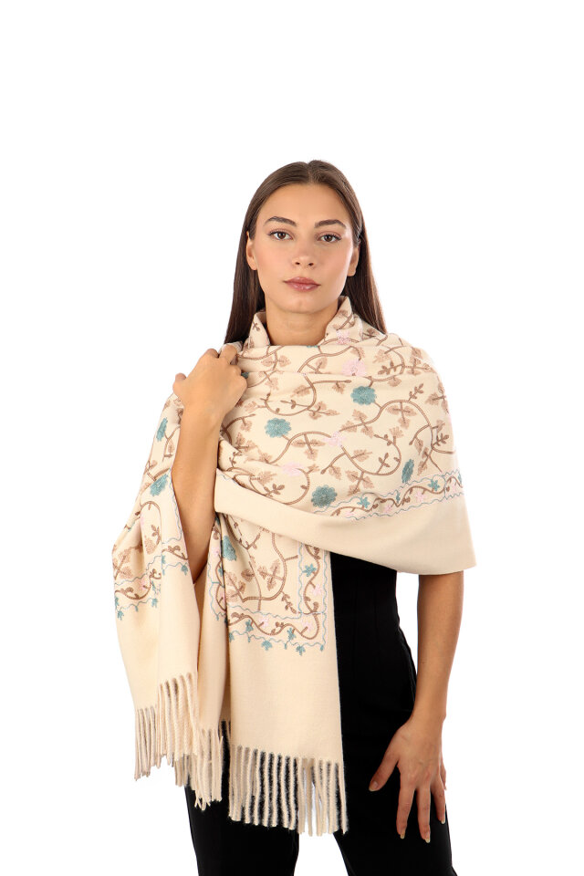 Beige Embroidered Winter Shawl 
