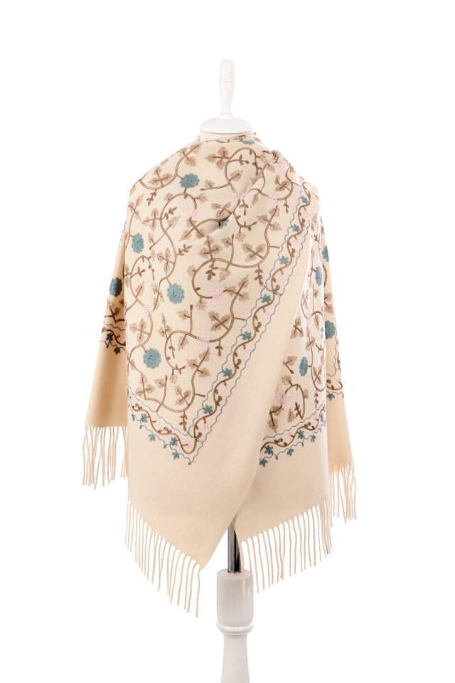 Beige Embroidered Winter Shawl - 2