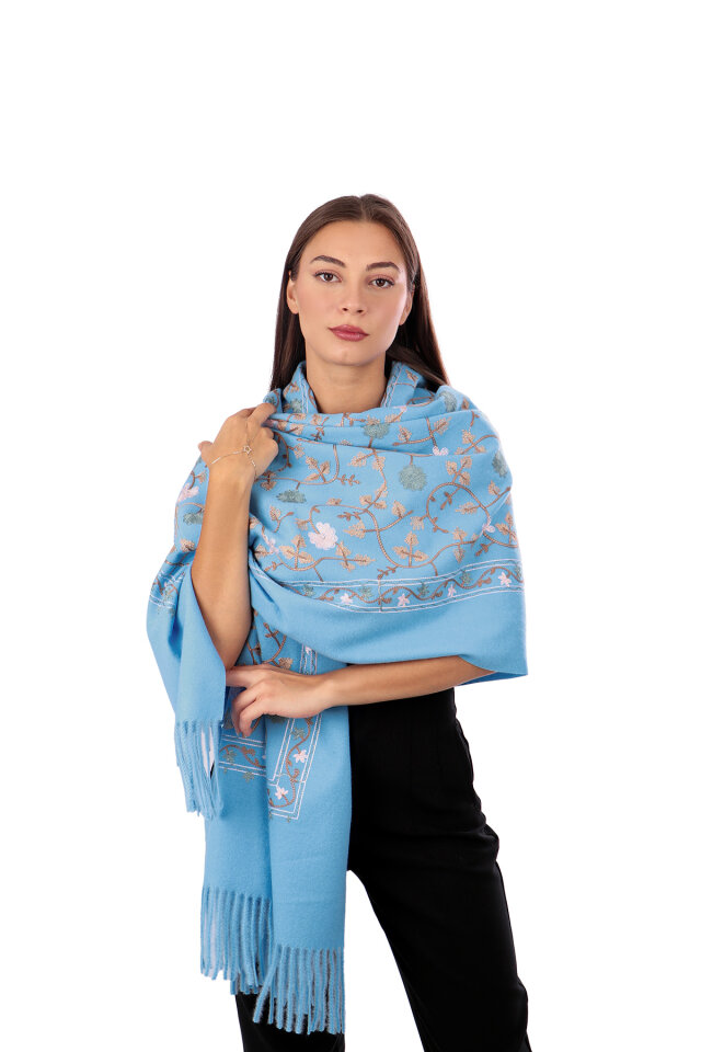 Blue Embroidered Winter Shawl 