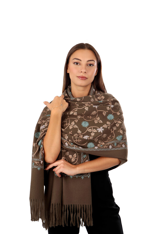 Brown Embroidered Winter Shawl 
